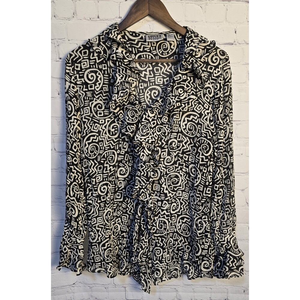 Vintage Chico's Design Women's Silk Ruffle Button Down Top size 1 US M Old Money
